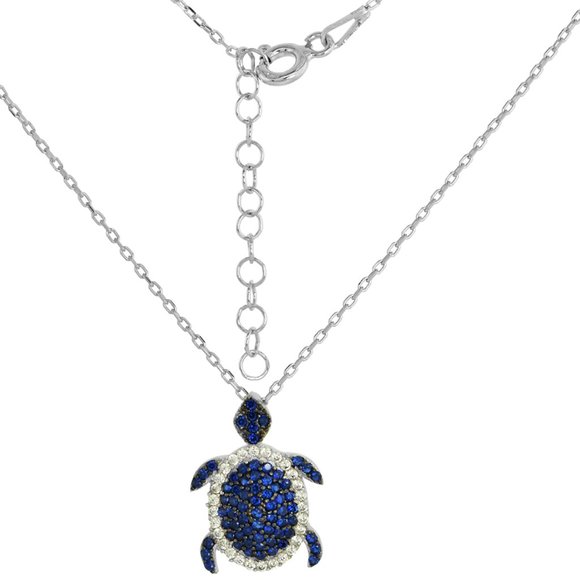 Sterling Silver Blue Sapphire Nano CZ Sea Turtle Necklace for Women